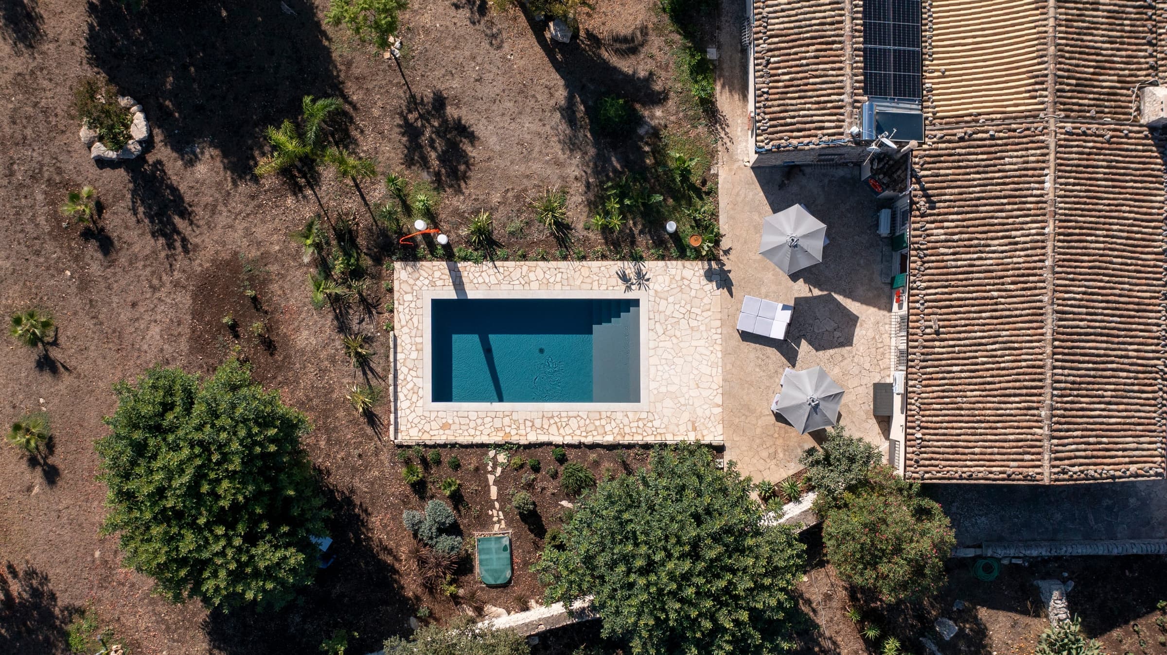 Pool with loungers surrounded by gardens